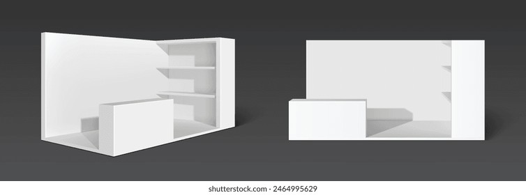 3d trade event mockup. White display booth stand. Empty fair wall and corner template. Blank store room for exhibition and presentation front view. Pop up podium render and commercial showroom set