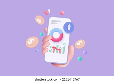 3D trade fund vector in hand holding mobile. Hand using funding business graph on application under creative solution concept in 3D icon vector. 3d trading icon for business investment