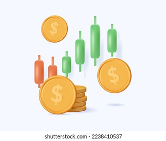 3D trading finance concept. Crypto money coin saving 3d bundles cash and coins exchange with finance business concept, earning funding investment. 3d vector icon trading investment render illustration