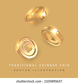 3d Traditional Chinese Gold Coin With Square Hole. Asian Traditional Elements. Vector Illustration.