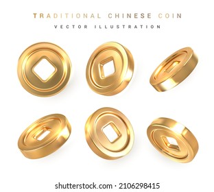 3d Traditional Chinese Gold Coin With Square Hole. Asian Traditional Elements. Vector Illustration.