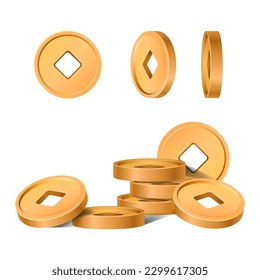 3d traditional Chinese golden coins with square hole. Ancient old gold money set. Asian coin different angles. Decoration elements for oriental New Year design isolated. Symbol of wealth or prosperity