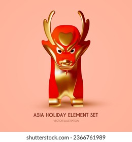 3D Traditional red Chinese Dragon. Lunar New Year character. Asia holiday design. Oriental beast. Chinese New 2024 Year