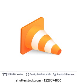 3d traffic cone icon isolated on white. Traffic cone with orange and white stripes. Vector illustration.