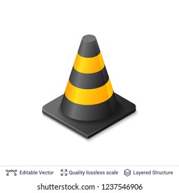 3d traffic cone icon isolated on white. Traffic cone with yellow and black stripes. 