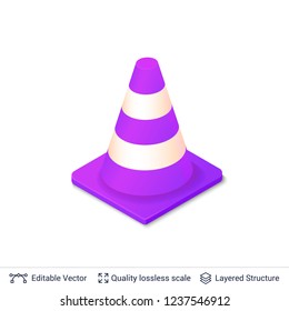 3d traffic cone icon isolated on white. Traffic cone with purple and white stripes.