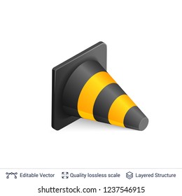 3d traffic cone icon isolated on white. Traffic cone with yellow and black stripes. 