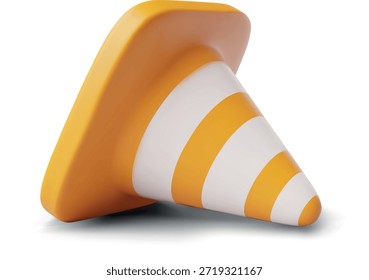 3D-Verkehrskegel-Symbol, gestreift, gelb-weiß, auf der Seite liegend, einzeln auf einem Hintergrund. Wird zum Kennzeichnen von Notfallzonen, Straßenreparaturen, Verkehrskontrollen und Sicherheit verwendet. Cartoon-Vektor.