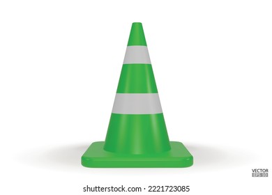 3d traffic cones with white and green stripes isolated on white background. Construction cone icon. Single green traffic warning cone. Under construction, and maintenance. 3D vector illustration.