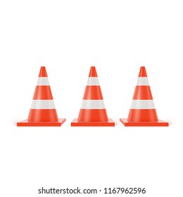 3d traffic cones with white and orange stripes on white background, realistic vector illustration