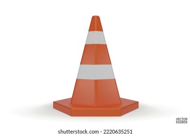 conos de tráfico tridimensional con rayas blancas y naranjas aisladas sobre fondo blanco. Icono de cono de construcción. Cono de advertencia de tráfico de una sola naranja. En construcción y mantenimiento. Ilustración vectorial 3D.