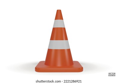 3d traffic cones with white and orange stripes isolated on white background. Construction cone icon. Single orange traffic warning cone. Under construction, and maintenance. 3D vector illustration.