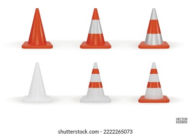 3d traffic cones with white and orange stripes isolated on white background. Construction cone icon. Single orange traffic warning cone. Under construction, and maintenance. 3D vector illustration.