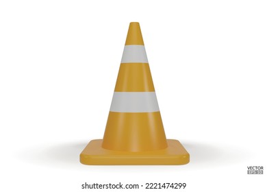 3d traffic cones with white and yellow stripes isolated on white background. Construction cone icon. Single yellow traffic warning cone. Under construction, and maintenance. 3D vector illustration.
