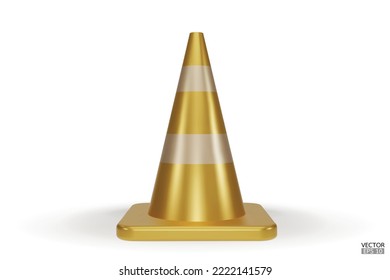 3d traffic gold cones with white and gold stripes isolated on white background. Construction cone icon. Single golden traffic warning cone. Under construction, and maintenance. 3D vector illustration.