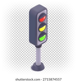 Semáforo 3D en proyección isométrica. Ilustración vectorial aislada sobre un fondo transparente.