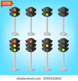 3d Traffic Light on a Stand Sequence Red, Yellow and Green Lights Cartoon Design Style Symbol of Rules. Vector illustration