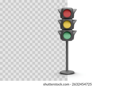 Semáforo 3D Con La Señal Roja, Amarilla, Verde En El Polo. Objeto De Seguridad Vial Urbana Sobre Fondo Transparente. Ilustración vectorial.