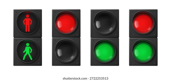 Conjunto de semáforos 3D aislado en blanco. Vector ilustración realista de señales de parada y salida para peatones y transporte, semáforos rojos y verdes, equipos de seguridad vial, luz de advertencia