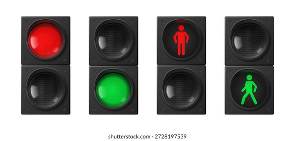 3D traffic lights set isolated on white. Vector realistic illustration of stop and go signals for pedestrians and transport, red and green semaphore lights, street safety equipment, warning stoplight