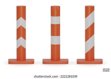 3d traffic poles with white and orange stripes isolated on white background. Construction pole icon. Single orange traffic warning pole. Under construction, and maintenance. 3D vector illustration.