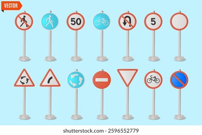 3d Traffic Rules Concept Different Road Signs on a Stand Set Cartoon Design Style. Vector illustration