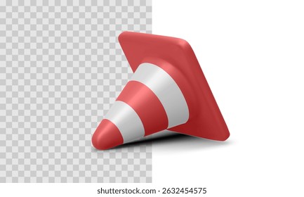 Cone de segurança de tráfego 3D Deitado ao lado com listras vermelhas e brancas para cuidado ou aviso de construção de estrada. Ilustração de vetor.