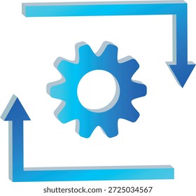 Um ícone de transformação 3D com uma engrenagem e setas direcionais, representando transformação, alteração do sistema, redesenho do fluxo de trabalho e evolução do processo.