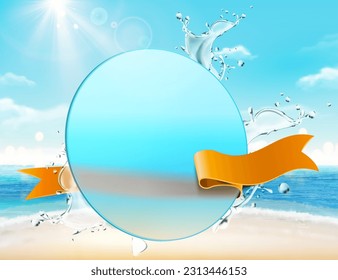 3D translucent glass disc in the middle with splash water effect and ribbon behind on sunny beach landscape background.