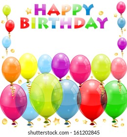 3D Transparent Birthday Balloons with Streamer, and confetti, easy change color, vector