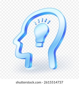 3D transparent blue glass icon of a human head with a glowing light bulb inside, symbolizing creativity, innovation, and brainstorming. Perfect for business, education, and technology. EPS file.