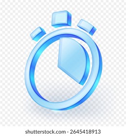 3D transparent blue glass stopwatch icon, symbolizing time, speed, precision, and efficiency. For technology, business, and fitness designs. Isolated on  transparent background. Vector illustration.
