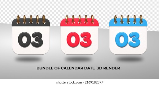 3d transparent calendar date 03 for meeting schedule, event schedule, vacation, work, school color black, red, blue