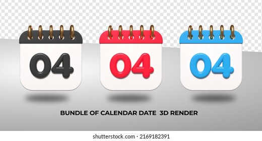3d transparent calendar date 04 for meeting schedule, event schedule, vacation, work, school color black, red, blue