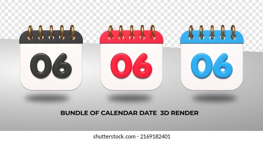 3d transparent calendar date 06 for meeting schedule, event schedule, vacation, work, school color black, red, blue
