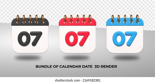 3d transparent calendar date 07 for meeting schedule, event schedule, vacation, work, school color black, red, blue