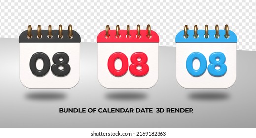 3d transparent calendar date 08 for meeting schedule, event schedule, vacation, work, school color black, red, blue