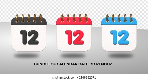 3d transparent calendar date 12 for meeting schedule, event schedule, vacation, work, school color black, red, blue