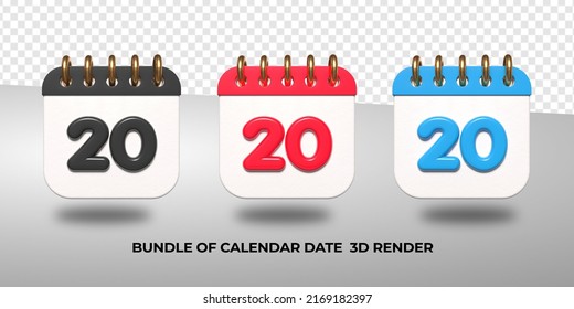 3d transparent calendar date 20 for meeting schedule, event schedule, vacation, work, school color black, red, blue