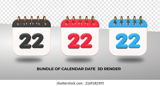 3d transparent calendar date 22 for meeting schedule, event schedule, vacation, work, school color black, red, blue