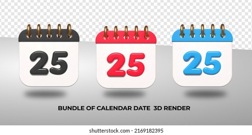 3d transparent calendar date 25 for meeting schedule, event schedule, vacation, work, school color black, red, blue