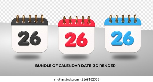 3d transparent calendar date 26 for meeting schedule, event schedule, vacation, work, school color black, red, blue