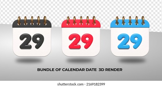 3d transparent calendar date 29 for meeting schedule, event schedule, vacation, work, school color black, red, blue