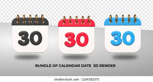 3d transparent calendar date 30 for meeting schedule, event schedule, vacation, work, school color black, red, blue