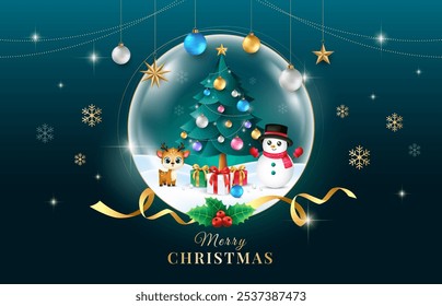 3d transparent Christmas ball background with Christmas tree, reindeer, snowman and gifts. Vector template for greeting cards, promotional banner.