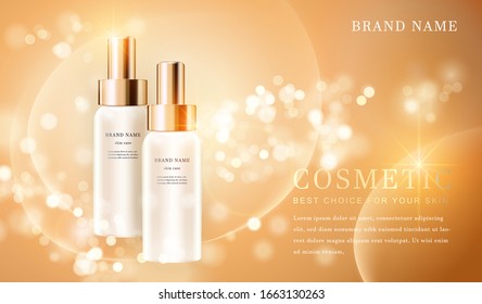 3D transparent cosmetic bottle container with shiny golden glimmering background template banner.