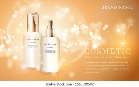3D transparent cosmetic bottle container with shiny golden glimmering background template banner.