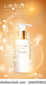 3D transparent cosmetic bottle container with shiny golden glimmering background template banner.