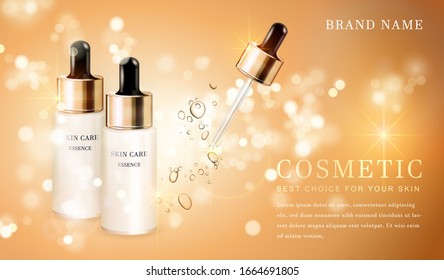 3D Transparent Cosmetic Bottle Container With Shiny Golden Glimmering Background Template Banner.