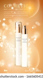 3D transparent cosmetic bottle container with shiny golden glimmering background template banner.